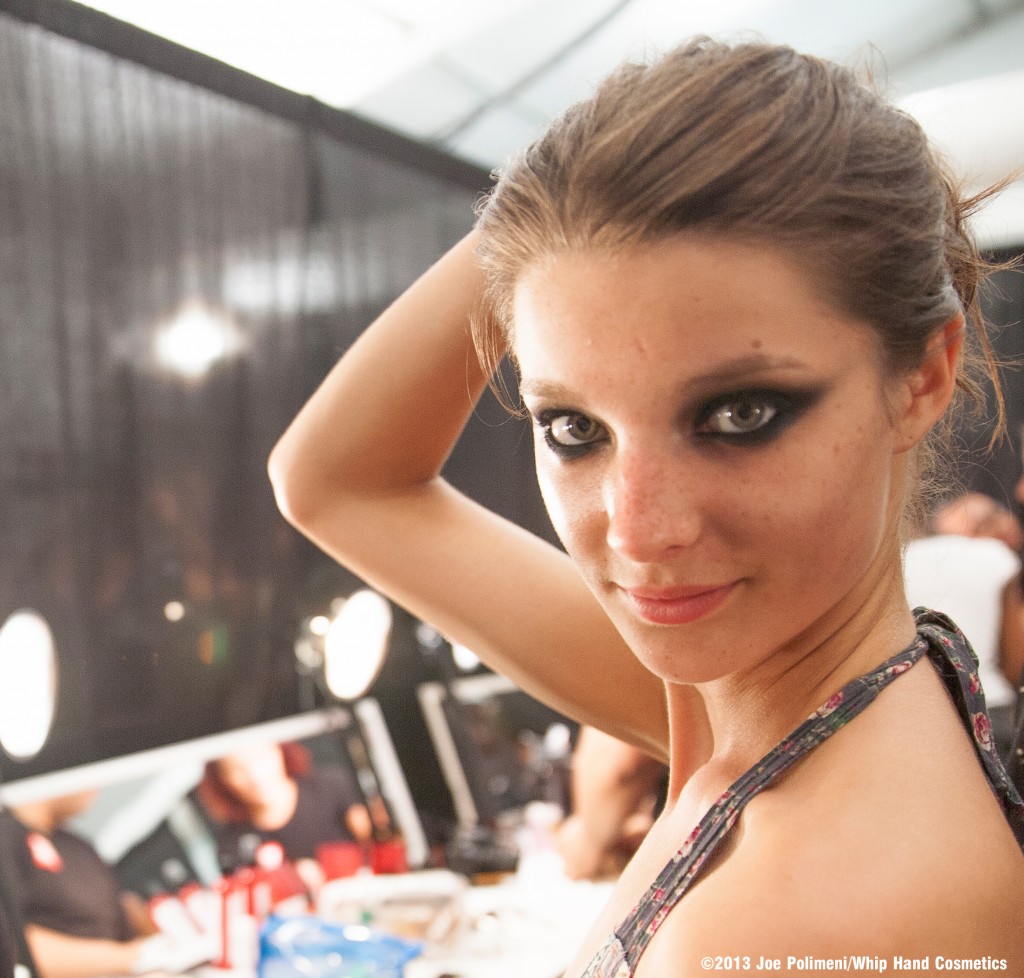 Model Backstage at Mercedes-Benz Fashion Week Swim in Miami for Dolores Cortes 2014 Runway Show - Makeup by Whip Hand Cosmetics