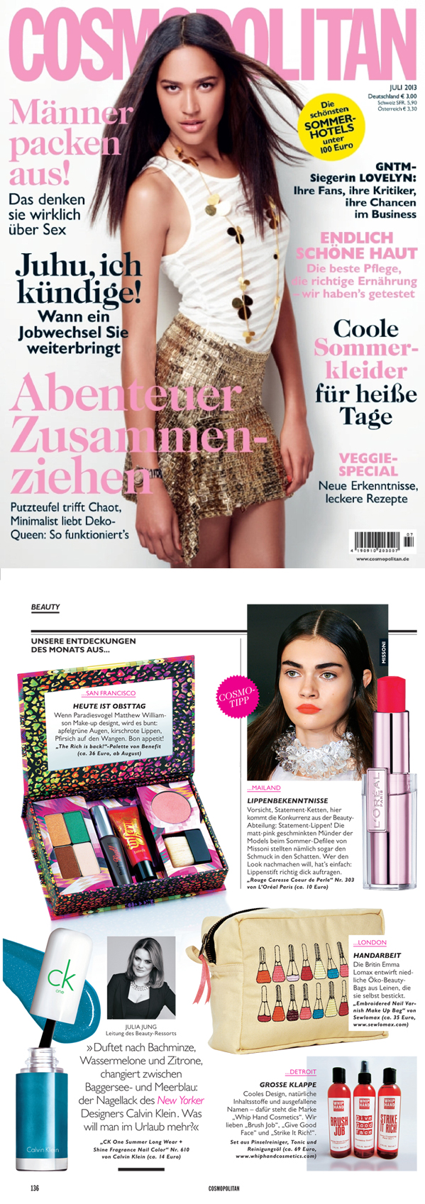 Whip Hand Cosmetics Triple Pro Pack Skincare Featured in July Edition of Cosmo Germany